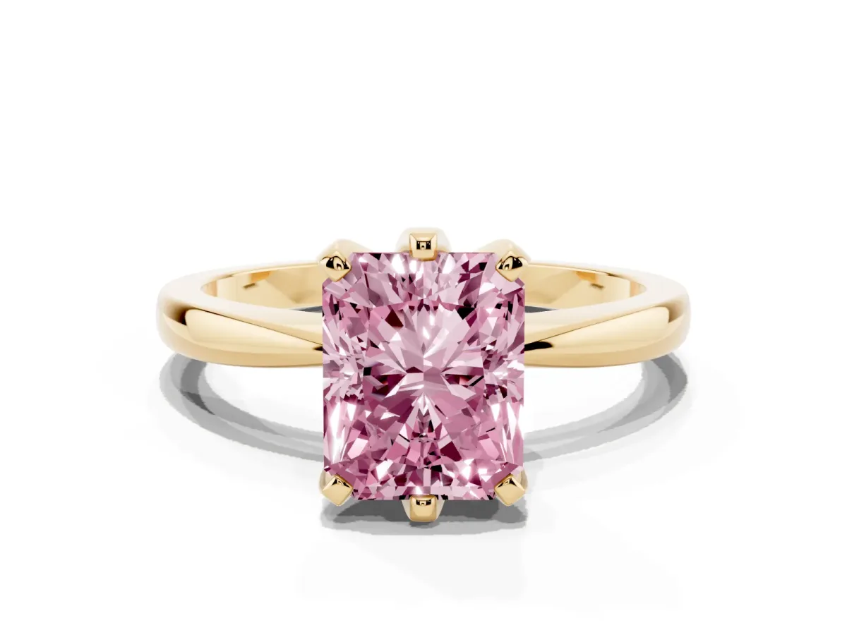 Fancy Pink Radiant Cut Solitaire Engagement Ring with Six-Prong Setting and Tapered Band Yellow gold