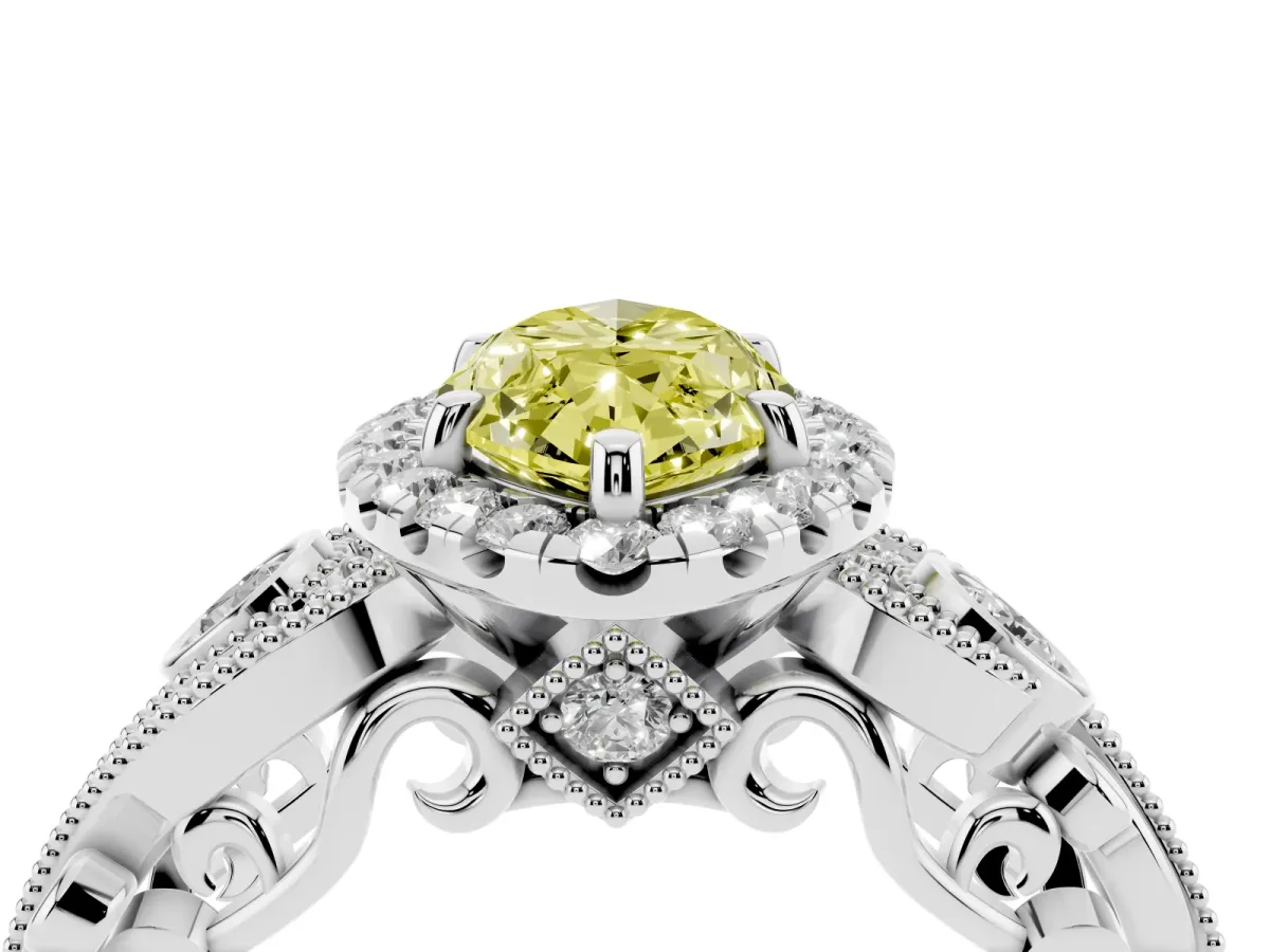 Fancy Yellow Marquise Cut Diamond Halo Ring with Milgrain Pavé Band and Four-Prong Setting White gold