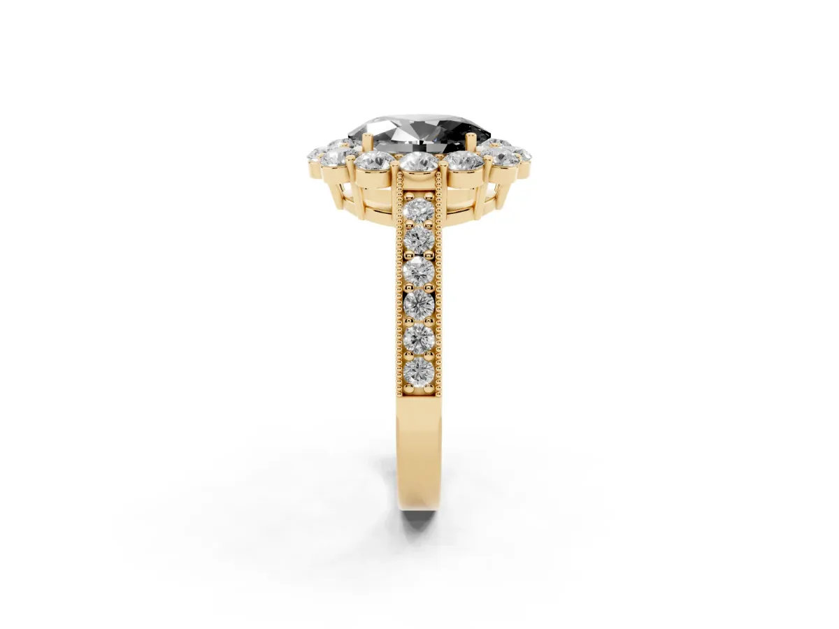 Fancy Black Oval Cut Cut Halo Diamond Pavé Engagement Ring with Milgrain Detailing Yellow gold