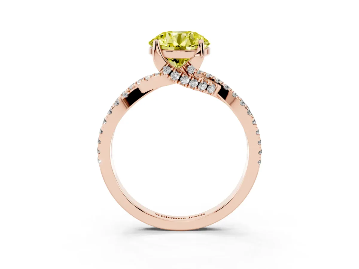 Fancy Yellow Round Cut Solitaire Twist Pave Diamond Engagement Ring with Prong Setting Rose gold