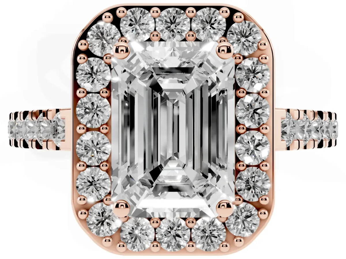 Emerald Cut Diamond Halo Ring with Round Pavé Split Shank and Prong Setting Rose gold