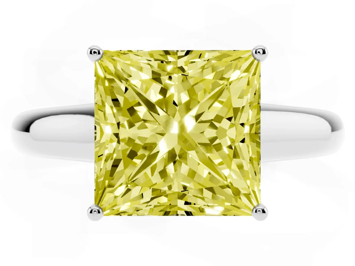 Fancy Yellow Princess Cut Solitaire Engagement Ring with Tapered Band and Four-Prong Setting Silver