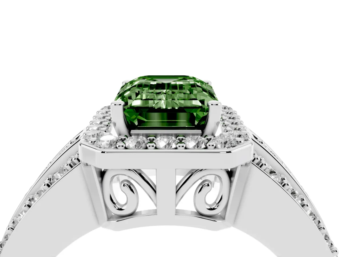 Fancy Green Emerald Cut Halo Diamond Ring with Round Split Shank and Prong Setting Silver