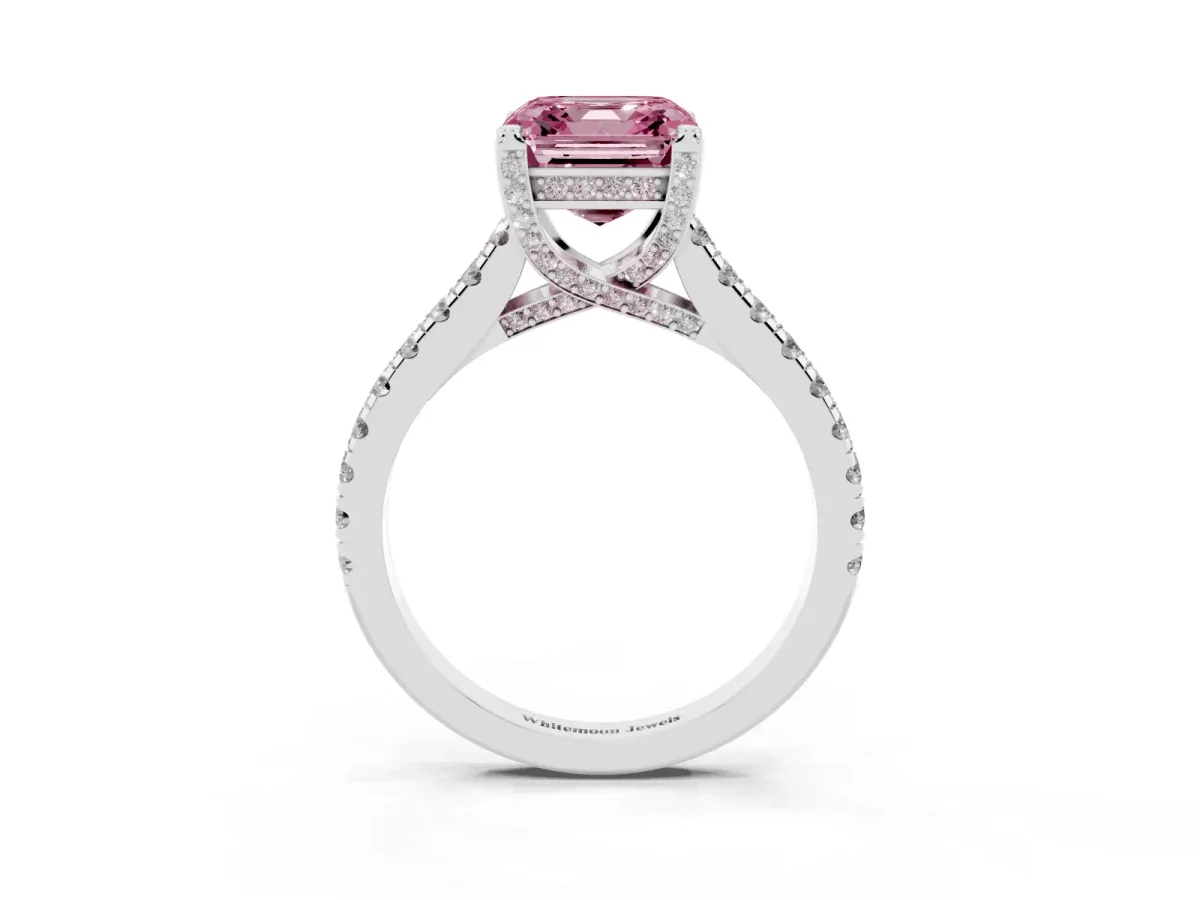 Fancy Pink Asscher Cut Brilliant Diamond Solitaire with Pavé Band and Four-Prong Setting Silver