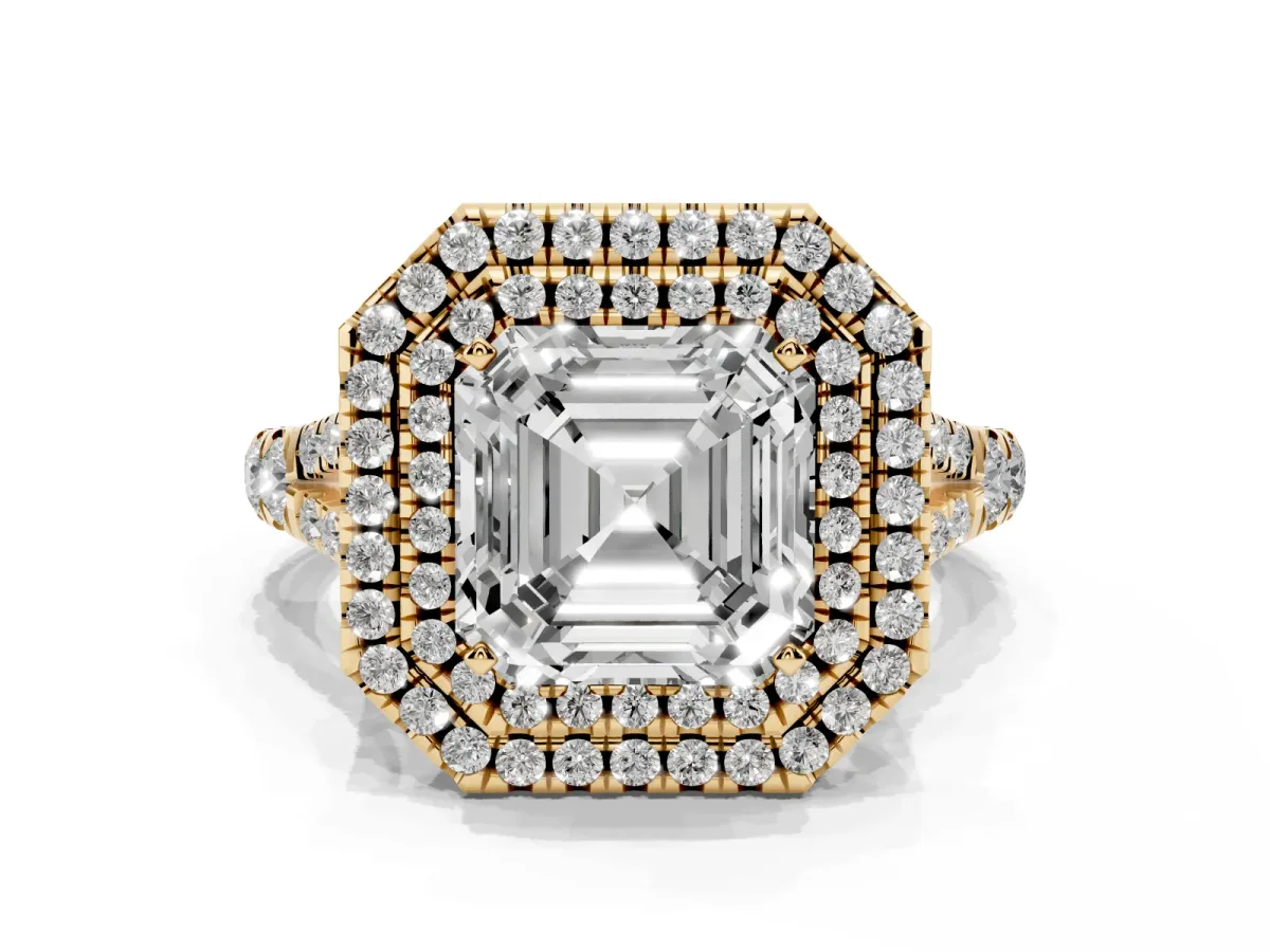 Asscher Cut Diamond Pavé Split Shank Double Halo Engagement Ring Yellow gold