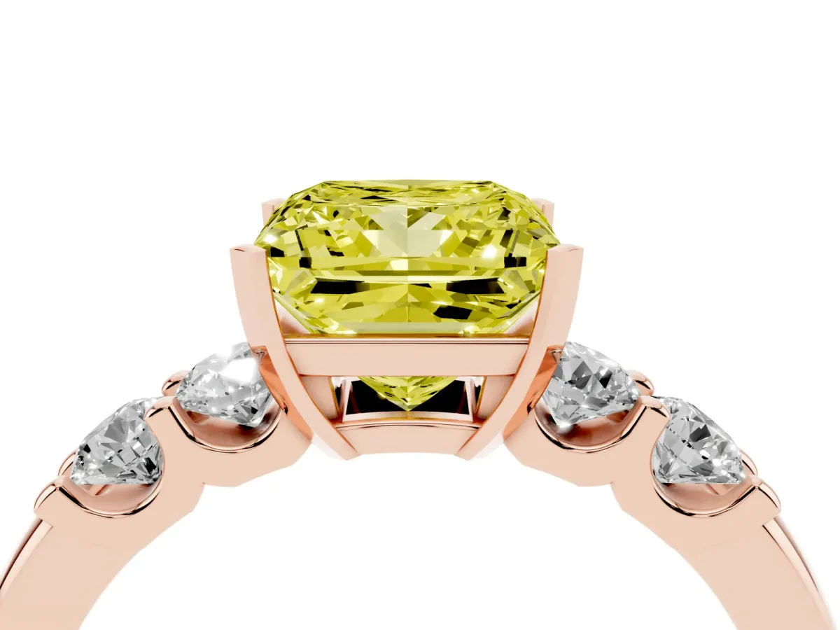 Fancy Yellow Princess Cut Brilliant Cut Diamond Five-Stone Prong Set Engagement Ring with Channel Band Rose gold