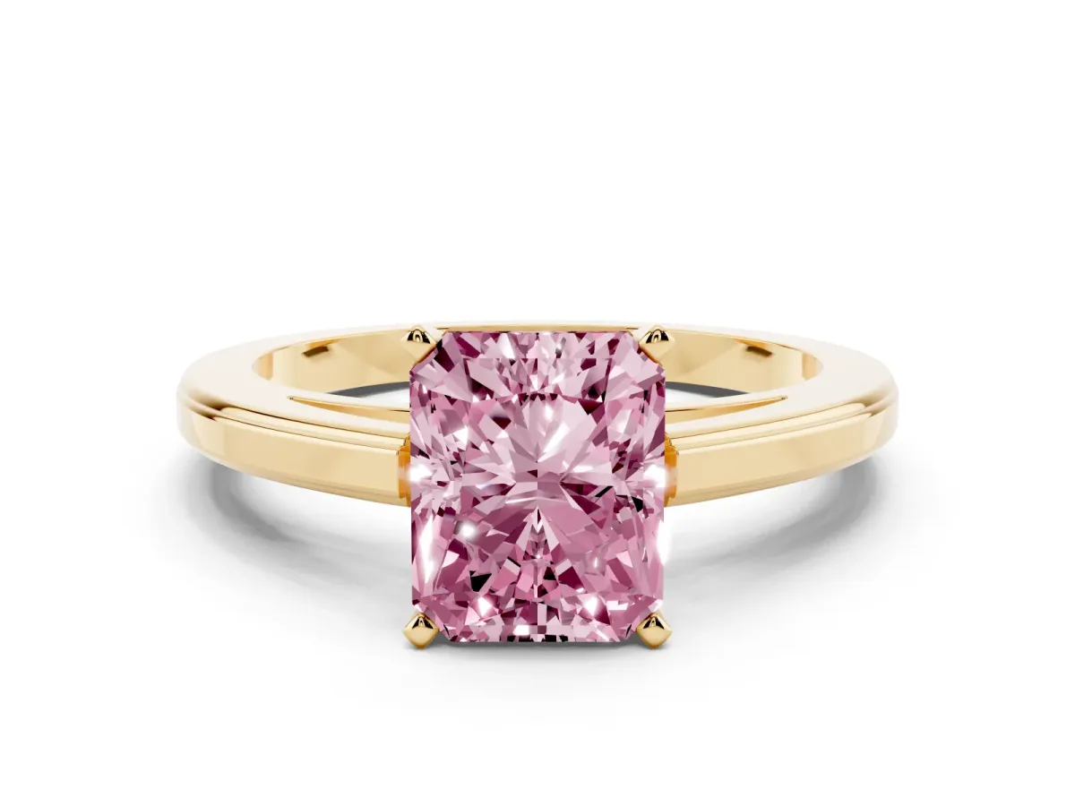 Fancy Pink Radiant Cut Solitaire Diamond Ring with Four-Prong Setting and Classic Band Yellow gold