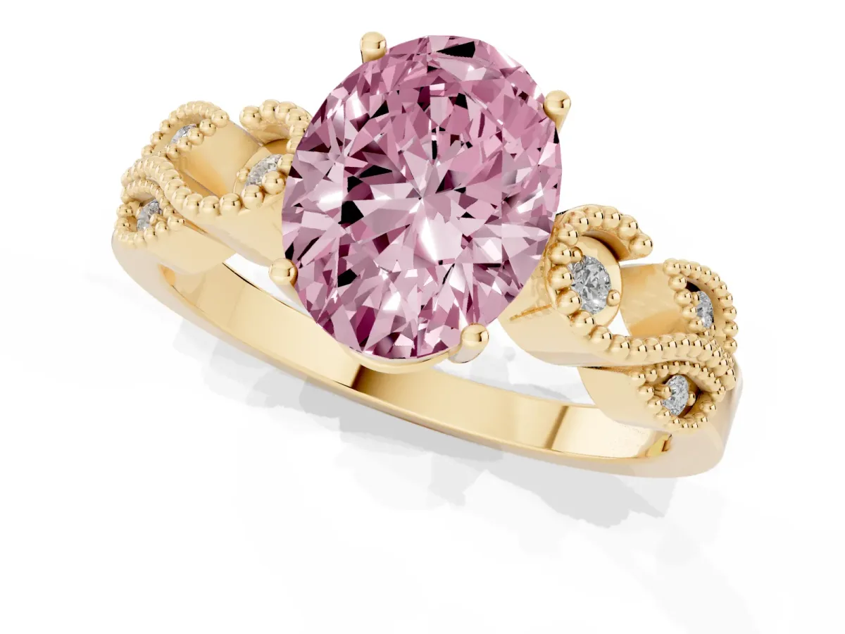 Fancy Pink Oval Cut Solitaire Milgrain Leaf Band with Prong Setting Yellow gold
