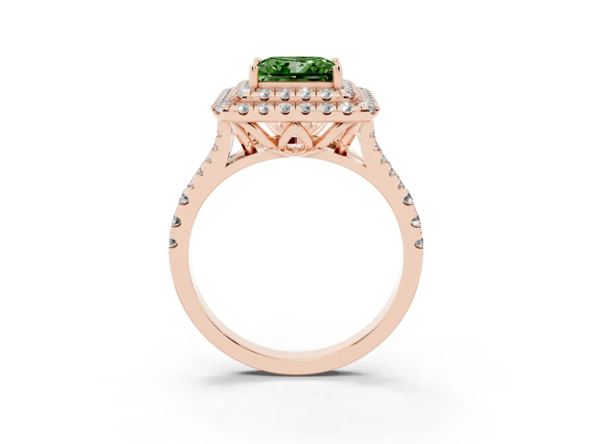 Fancy Green Double Halo Princess Cut Diamond Pavé Split Shank Ring with Prong Setting Rose gold