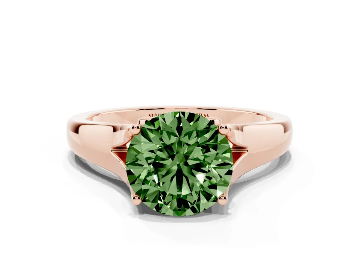 Fancy Green Round Cut Solitaire Diamond Ring with Cathedral Band and Four-Prong Setting Rose gold