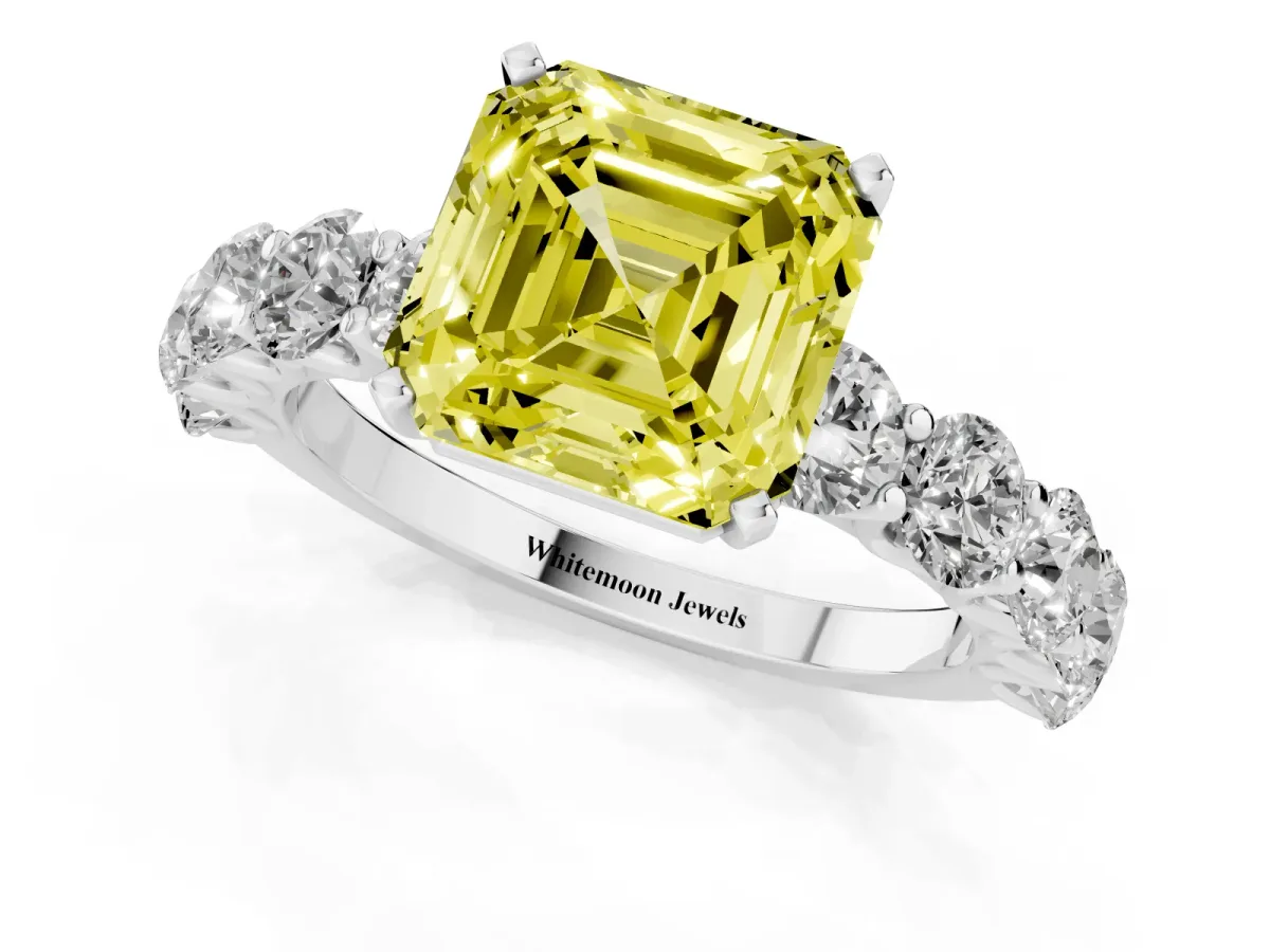 Fancy Yellow Asscher Cut Diamond Prong Setting with Side Stones on a Pave Band Silver