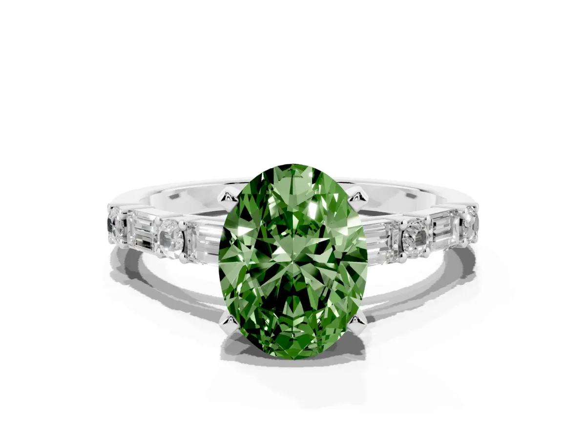 Fancy Green Oval Cut Diamond Solitaire with Side Baguettes and Channel Set Band Silver