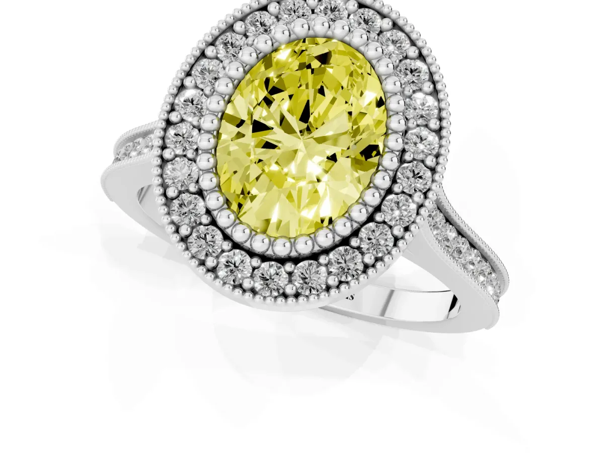 Fancy Yellow Oval Cut Diamond Halo Ring with Milgrain Frame and Pavé Band White gold