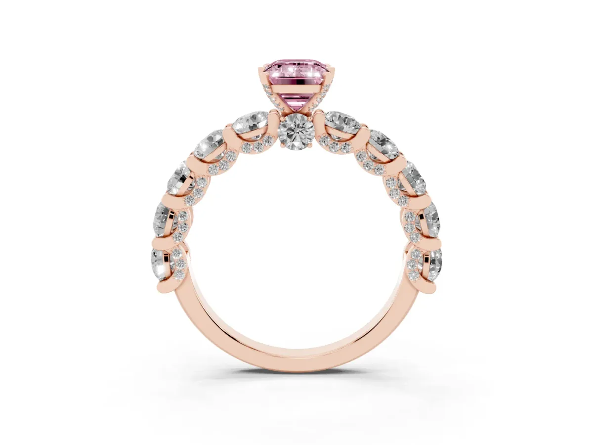 Fancy Pink Emerald Cut Diamond Side Stone Engagement Ring with Four-Prong Setting Rose gold