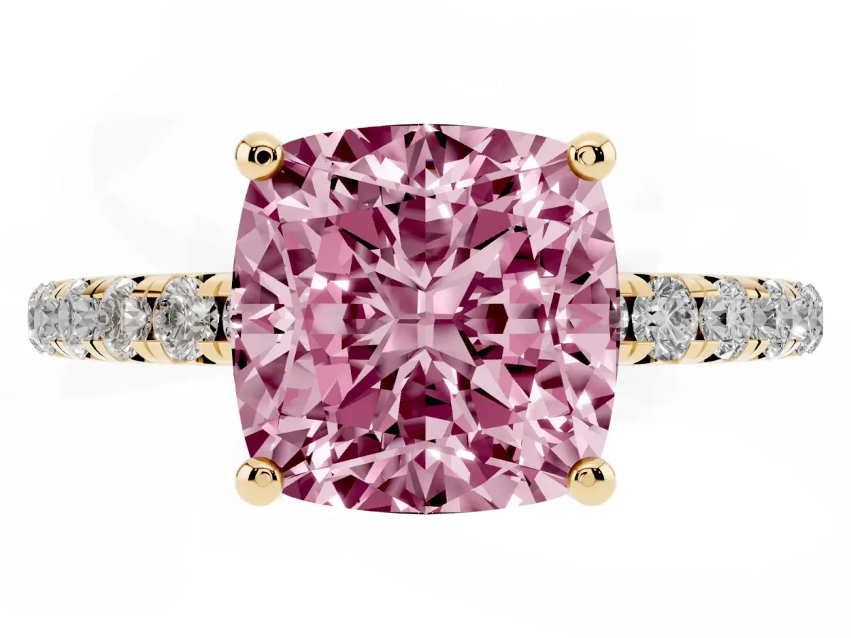 Fancy Pink Cushion Cut Cut Diamond Solitaire Ring with Micro Pave Band and Four Prong Setting Yellow gold