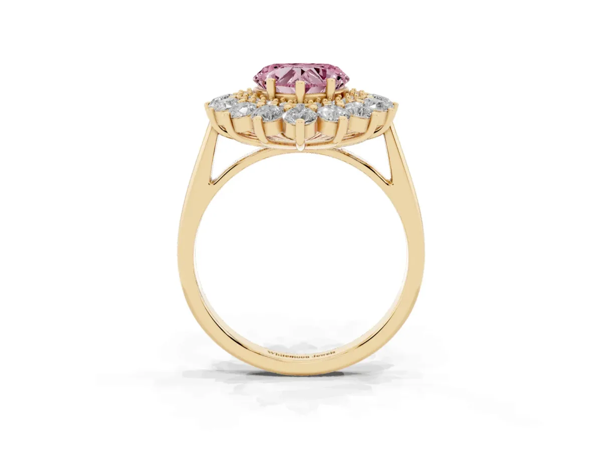 Fancy Pink Heart Cut Diamond Floral Double Halo Engagement Ring with Prong Setting Yellow gold