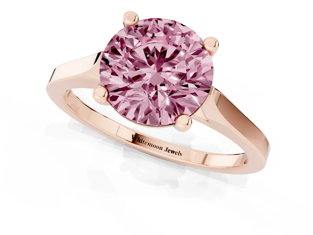 Fancy Pink Round Cut Solitaire Diamond Ring with Four-Prong Setting and Tapered Band Rose gold
