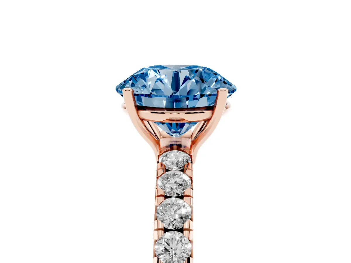 Fancy Blue Round Cut Diamond Pavé Solitaire Engagement Ring with Four-Prong Setting Rose gold