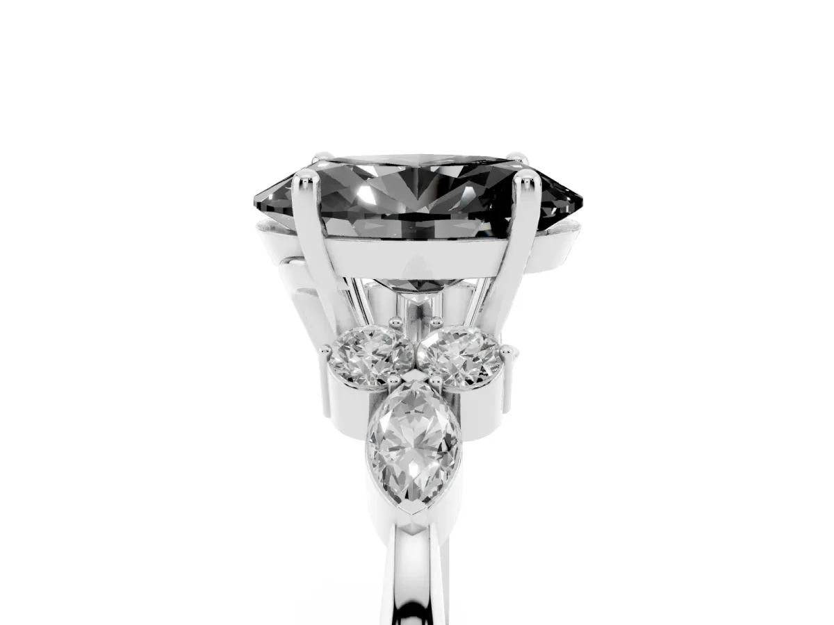 Fancy Black Oval Cut Brilliant Diamond Solitaire Ring with Pear Side Stones and Four-Prong Setting Silver