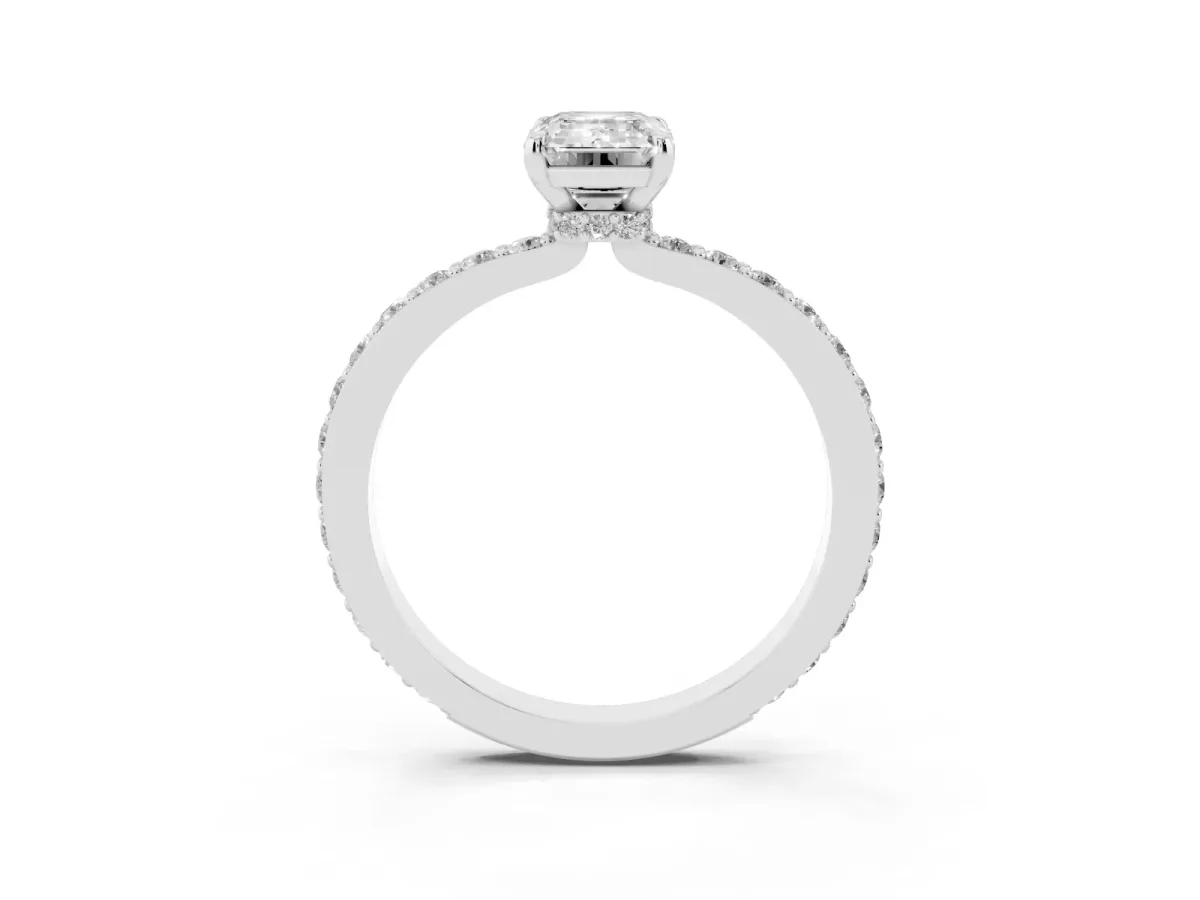 Emerald Cut Diamond Solitaire Engagement Ring with Pavé Band and Four-Prong Setting Platinum