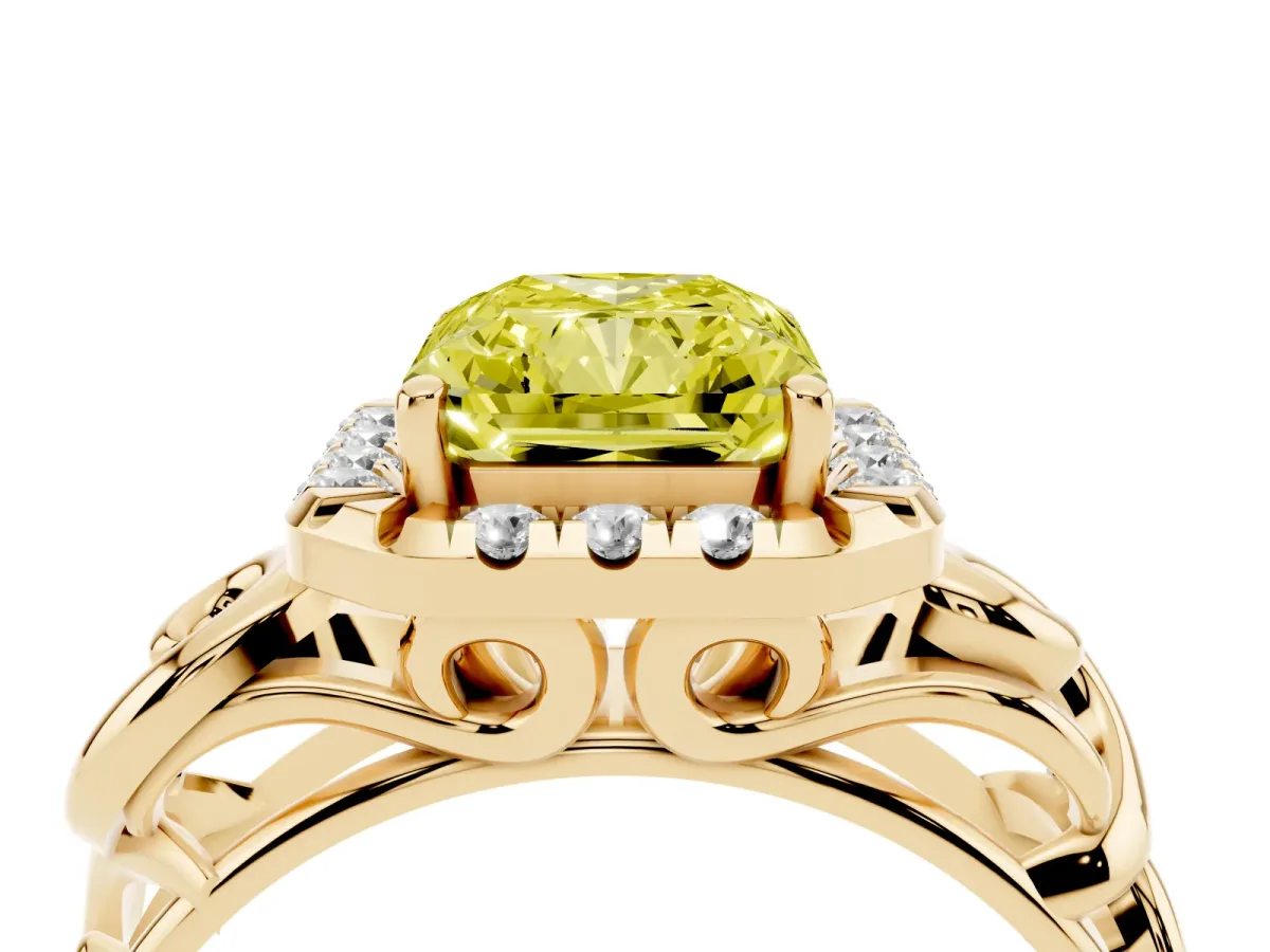 Fancy Yellow Radiant Cut Cut Halo Diamond Ring with Scrollwork Band and Four-Prong Setting Yellow gold