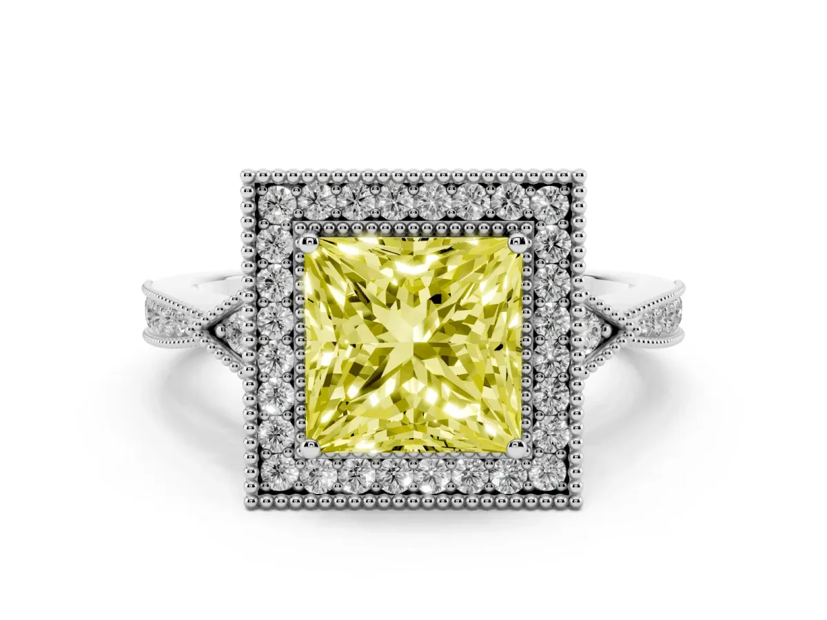 Fancy Yellow Princess Cut Halo Round Diamond Milgrain Pave Engagement Ring Platinum