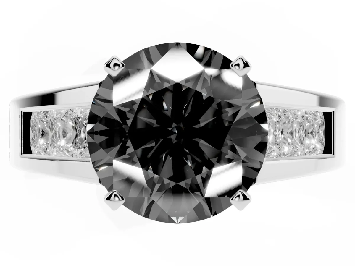 Fancy Black Round Cut Cut Channel Set Solitaire Ring with Four-Prong Setting White gold
