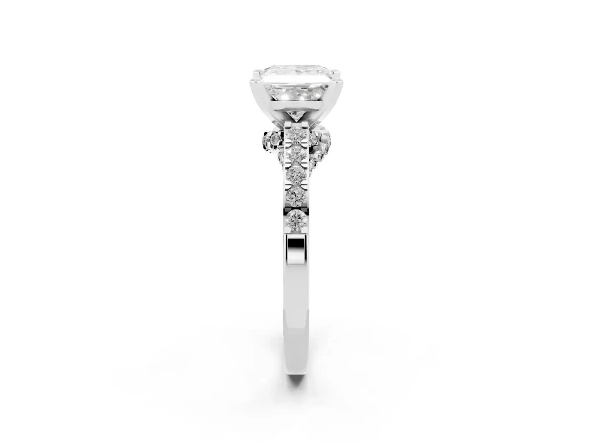 Princess Cut Diamond Solitaire Ring with Crossover Gallery and Round Pavé Band Silver