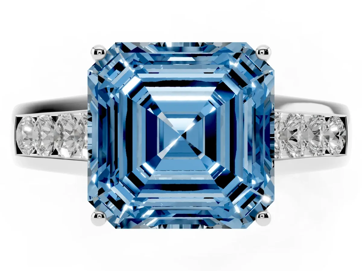 Fancy Blue Asscher Cut Brilliant Channel-Set Solitaire Ring with Four-Prong Setting Silver