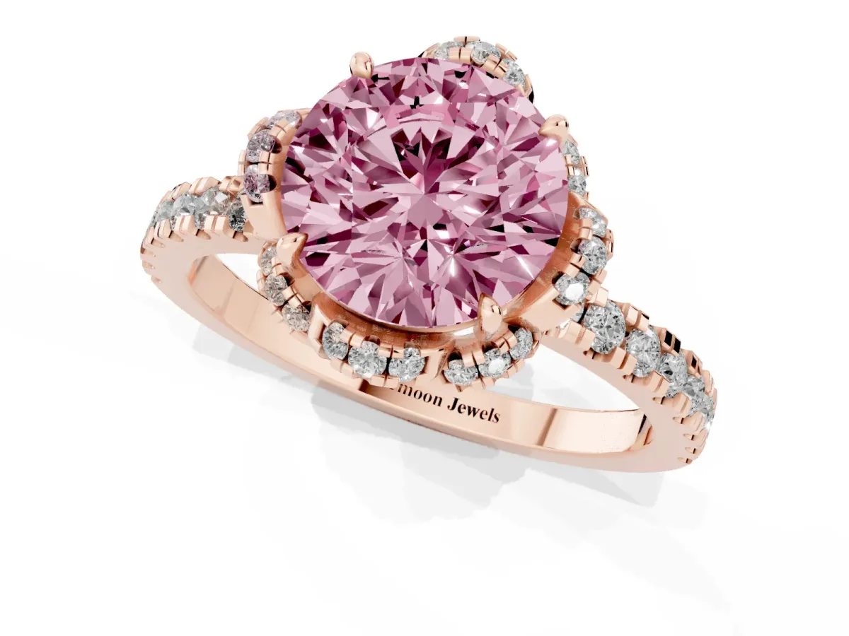 Fancy Pink Round Cut Halo Diamond Pave Band Ring with Four-Prong Setting Rose gold