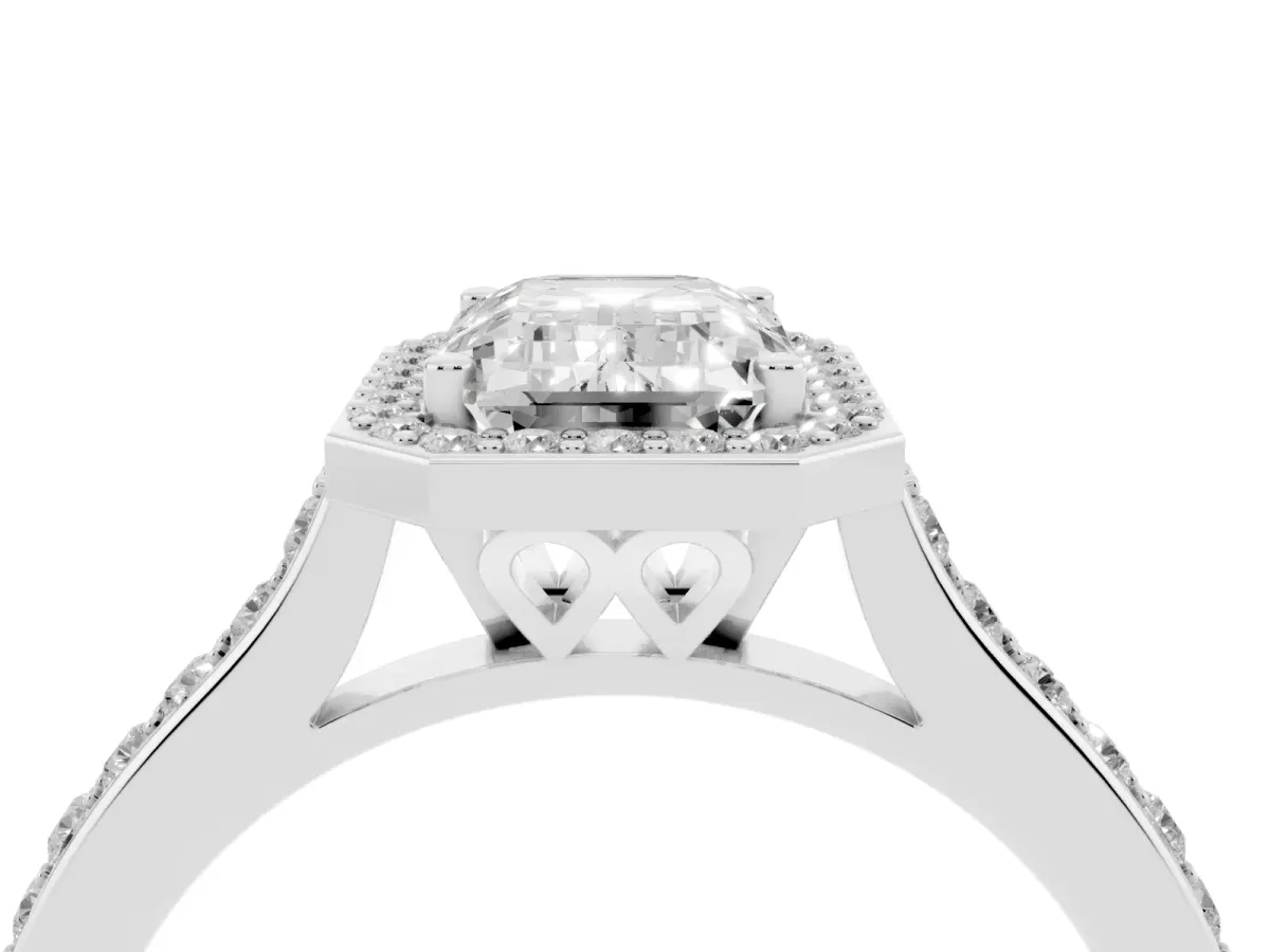 Emerald Cut Diamond Halo Engagement Ring with Round Pavé Shoulders and Prong Setting White gold