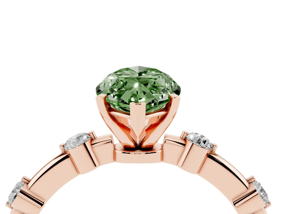 Fancy Green Marquise Cut Solitaire Diamond Ring with Bezel Set Side Stones and Prong Setting Rose gold