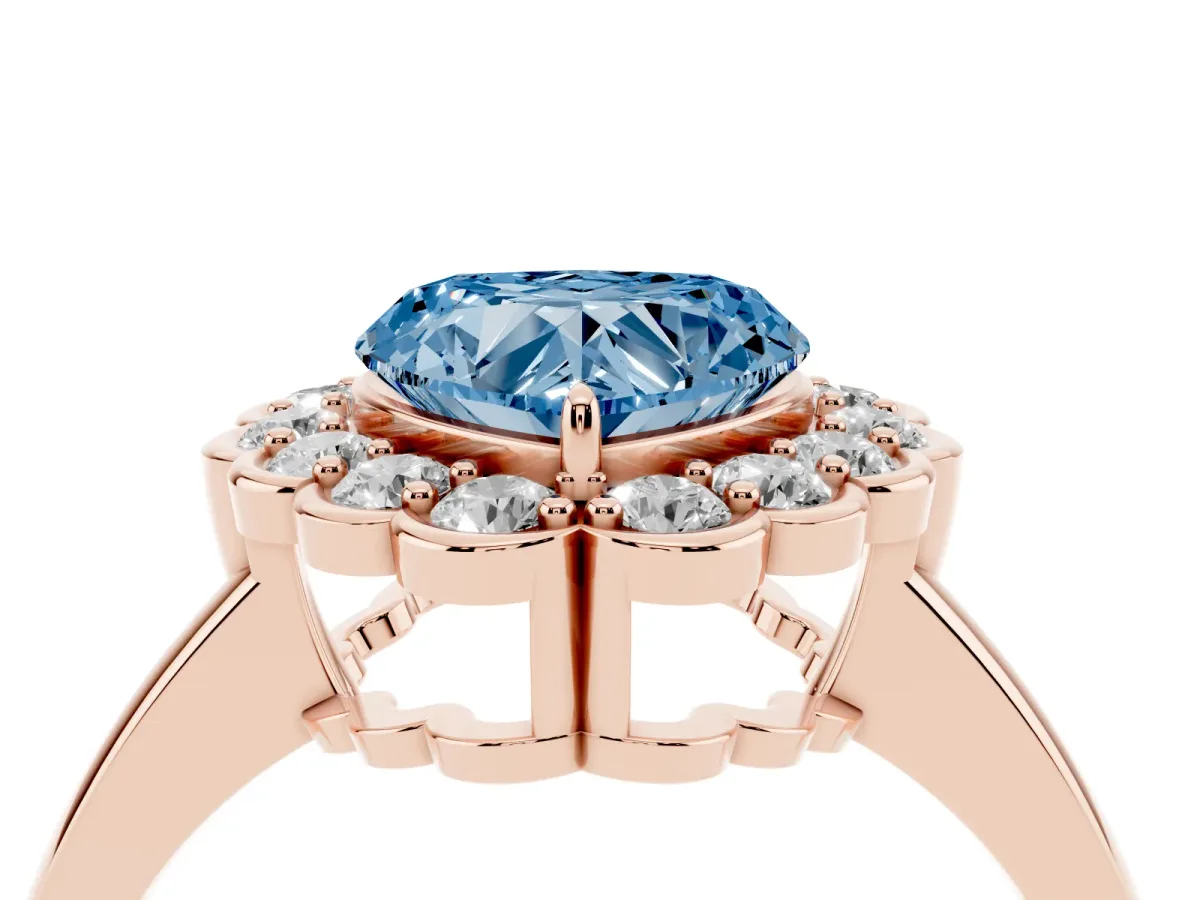 Fancy Blue Heart Cut Halo Cluster Diamond Engagement Ring with Solitaire Band and Prong Setting Rose gold