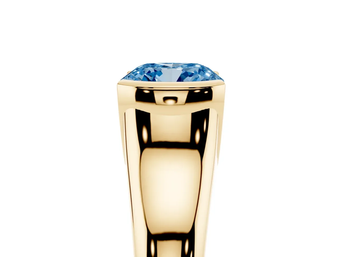 Fancy Blue Cushion Cut Solitaire Tension Set Diamond Ring with Split Shank Band Yellow gold