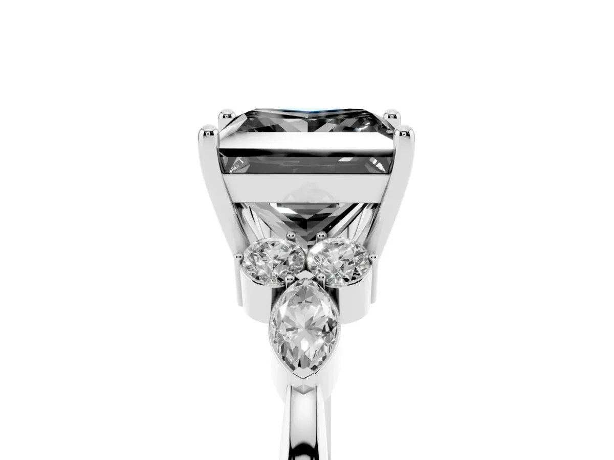 Fancy Black Princess Cut Brilliant Diamond Solitaire Ring with Pear Side Stones and Four-Prong Setting Silver