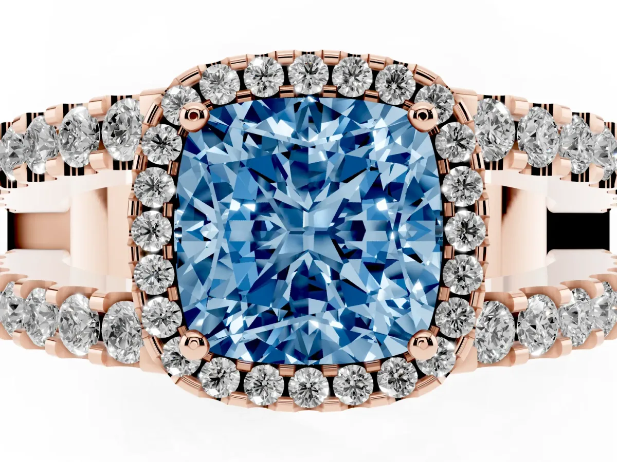 Fancy Blue Cushion Cut Cut Halo Split Shank Diamond Ring with Four-Prong Setting Rose gold