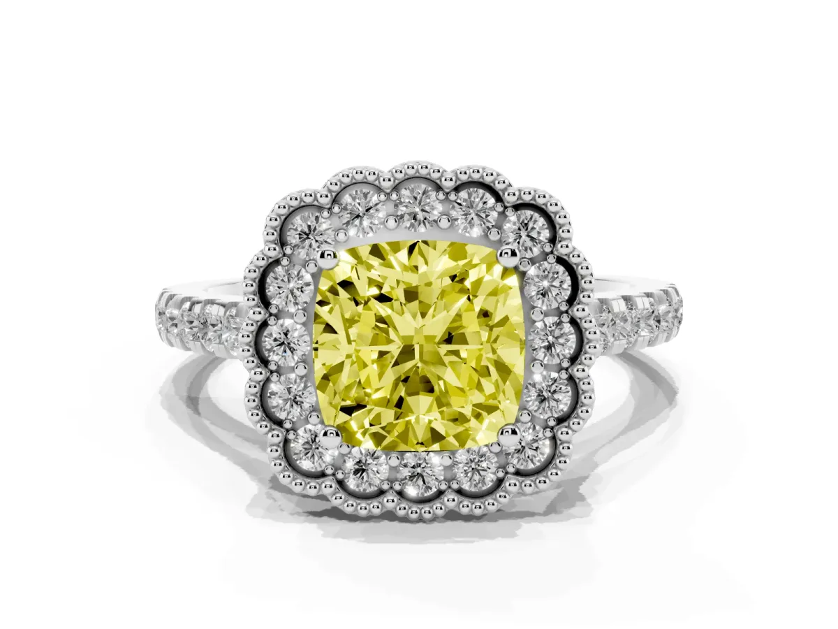Fancy Yellow Cushion Cut Cut Diamond Milgrain Floral Halo Engagement Ring with Pavé Band White gold