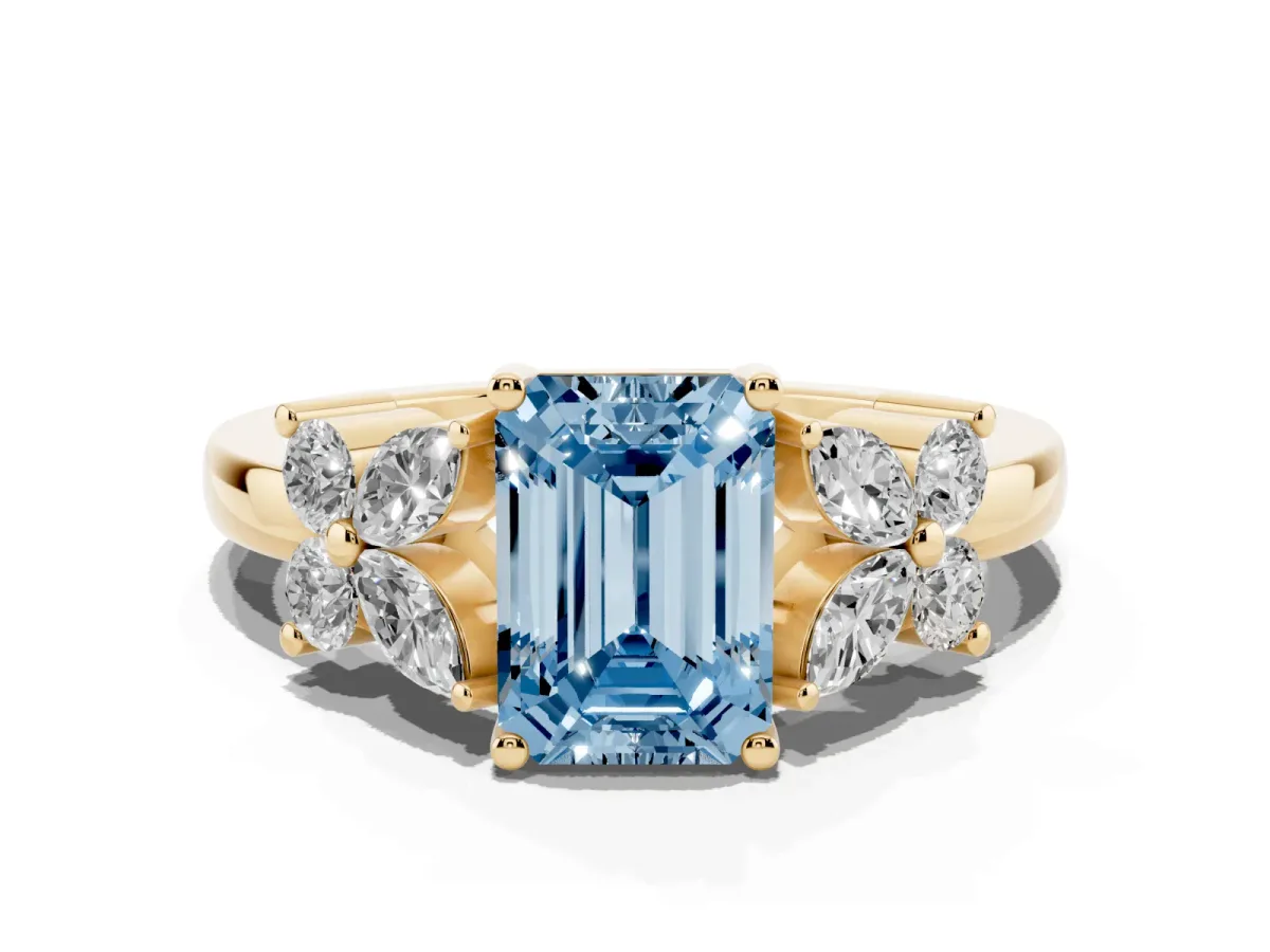 Fancy Blue Emerald Cut Diamond Floral Cluster Ring with Solitaire Band and Prong Setting Yellow gold