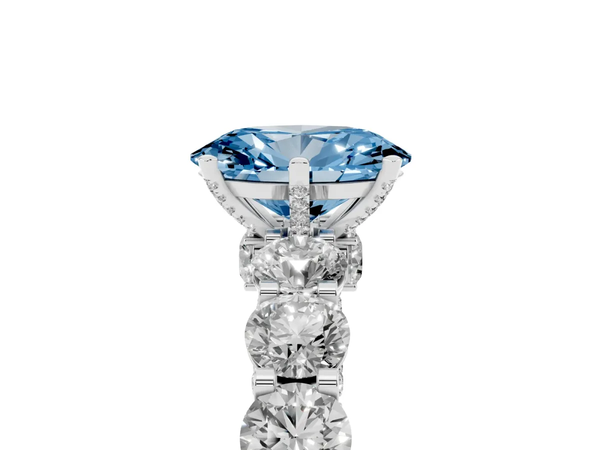 Fancy Blue Oval Cut Diamond Side Stone Engagement Ring with Four-Prong Setting Platinum