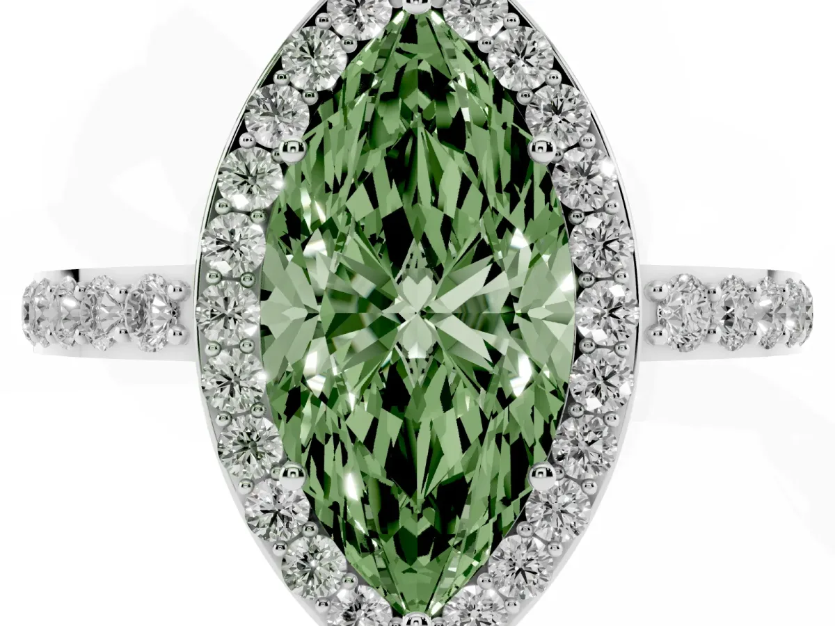 Fancy Green Marquise Cut Halo Diamond Pavé Band Ring with Prong Setting Silver
