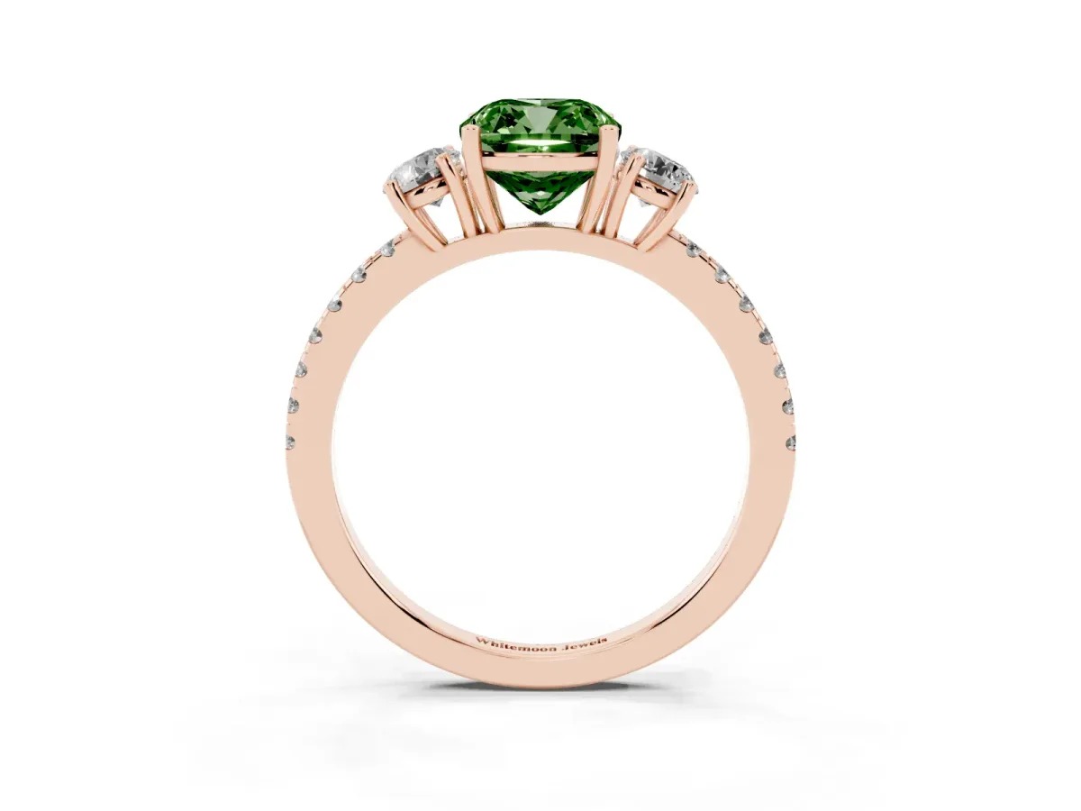 Fancy Green Three-Stone Cushion Cut Cut Diamond Pavé Band with Prong Setting Rose gold