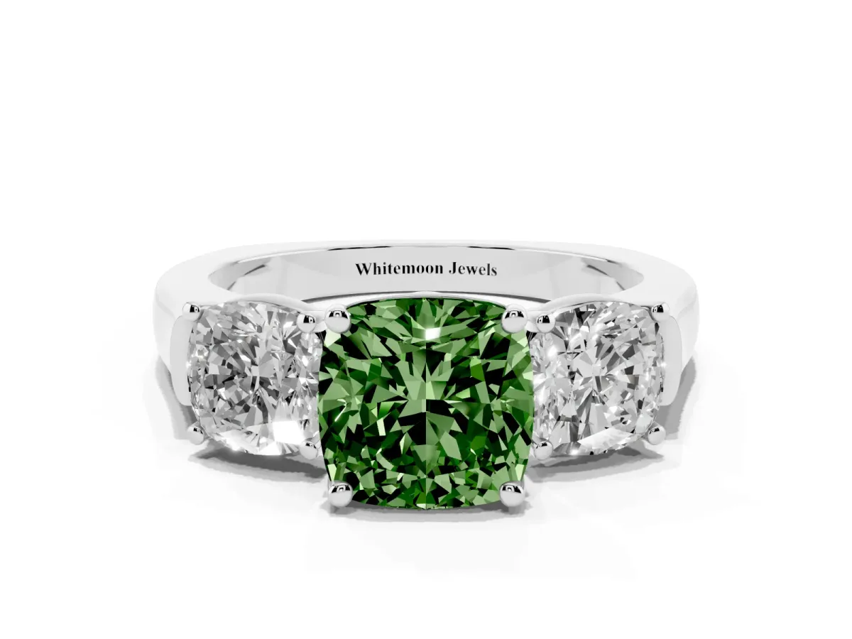 Fancy Green Three-Stone Cushion Cut Brilliant Diamond Trellis Ring with Comfort Fit Band White gold