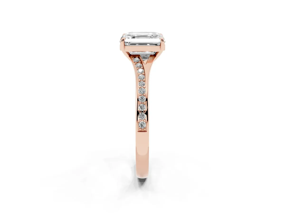 Asscher Cut Diamond Solitaire Ring with Pavé Band and Prong Setting Rose gold