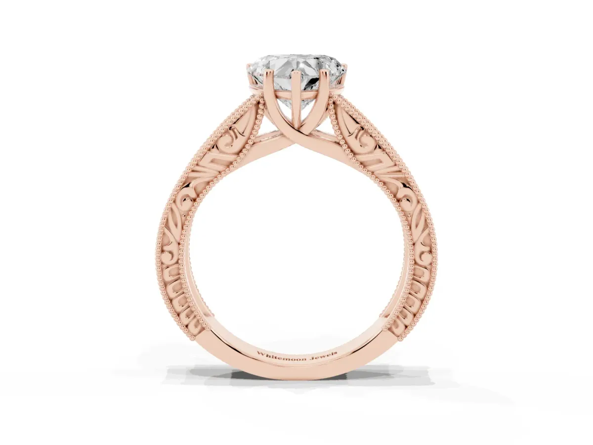 Heart Cut Diamond Solitaire Ring with Engraved Band and Four-Prong Setting Rose gold