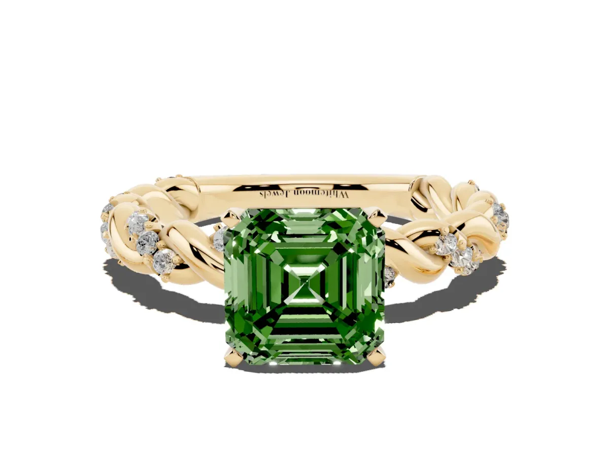 Fancy Green Asscher Cut Diamond Solitaire Ring with Twisted Band and Pavé Accents Yellow gold