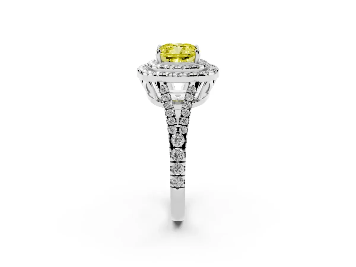 Fancy Yellow Cushion Cut Diamond Double Halo Ring with Pavé Band and Prong Setting Platinum