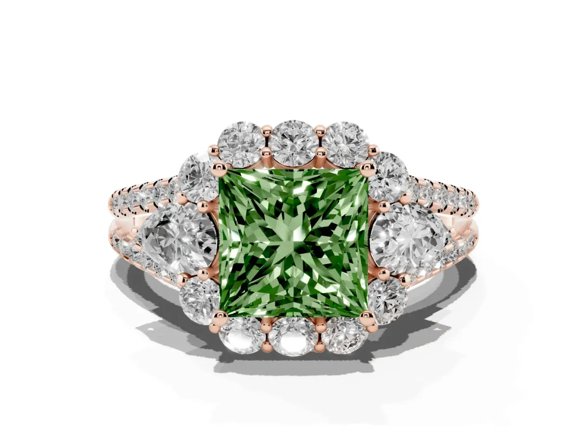Fancy Green Princess Cut Halo Split Shank Diamond Engagement Ring with Prong Setting Rose gold
