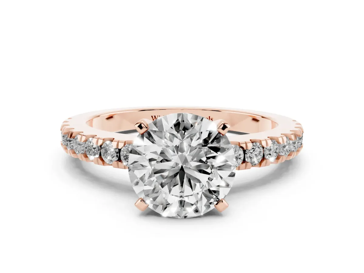Round Cut Solitaire Diamond with Pavé Band and Four-Prong Setting Rose gold