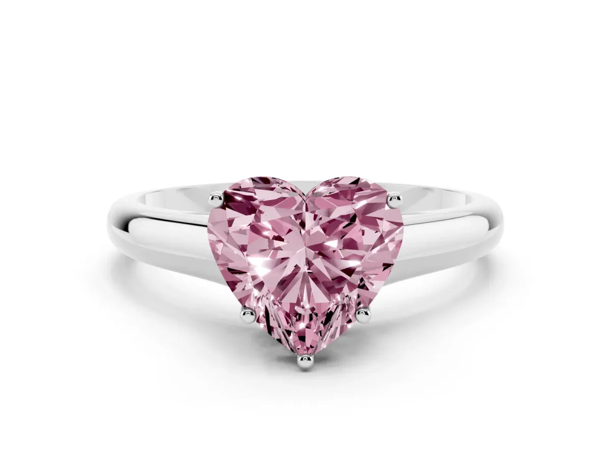 Fancy Pink Heart Cut Cut Diamond Solitaire Engagement Ring with Tapered Plain Band and Four-Prong Setting Platinum