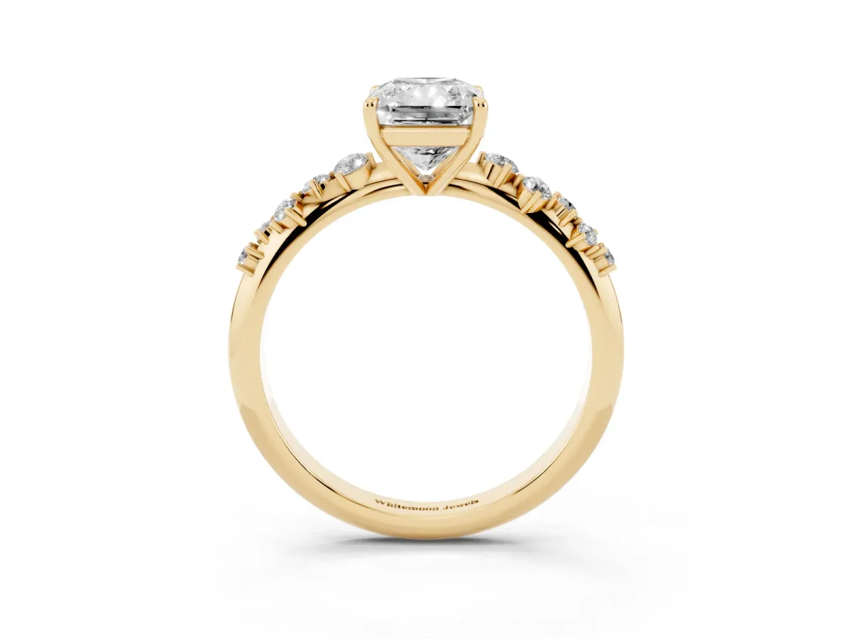 Radiant Cut Diamond Cluster Side Stone Solitaire Ring with Prong Setting Yellow gold